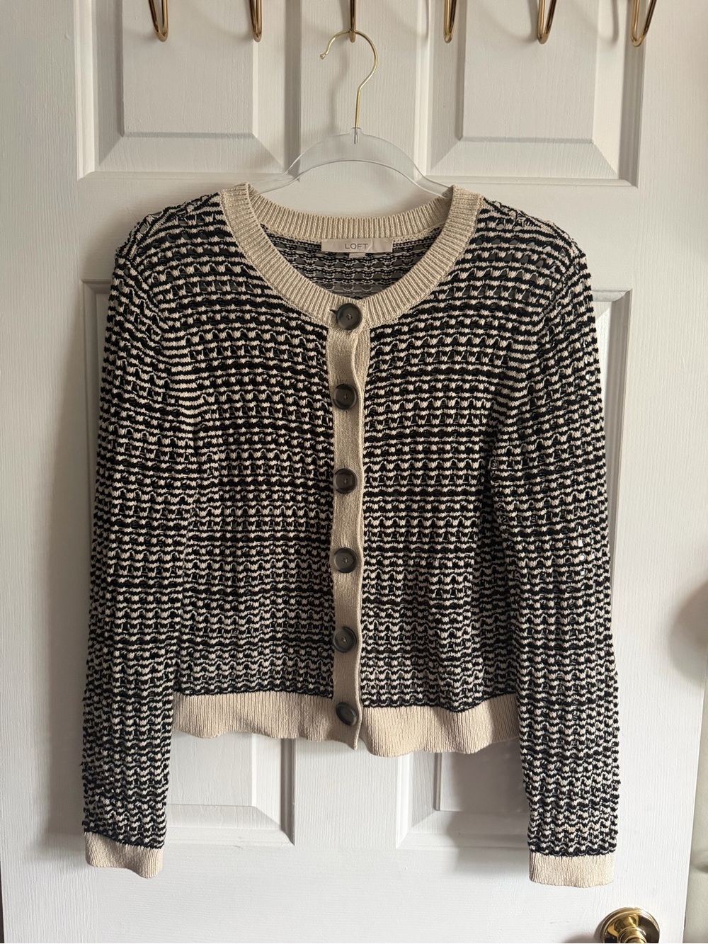 LOFT Black and Cream Knit Button-Front Cardigan
